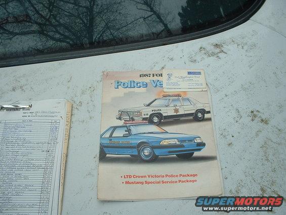 1987 Ford Mustang Special Service Package brochure showing blue Mustang and Crown Victoria