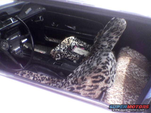 Car interior with leopard print seat covers on the seats and floor