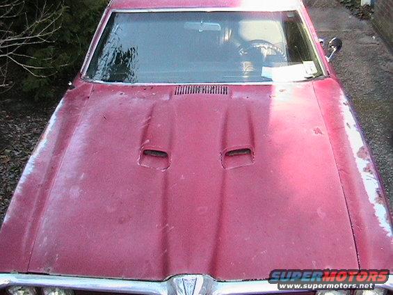 Red muscle car hood with two scoops. The paint is faded and peeling