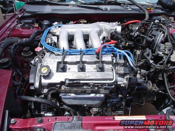 Engine bay with Ford V6 engine, blue spark plug wires