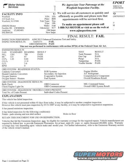 Vehicle inspection document with facility and emissions results
