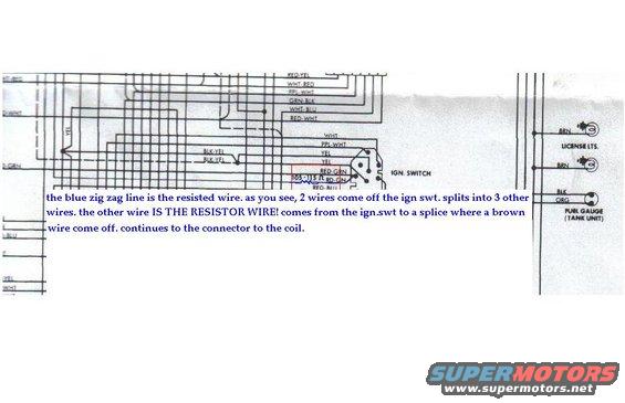 Wiring diagram with text explaining resistor wire function and ignition switch connections