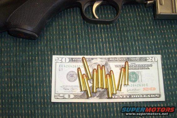 Gun and ammunition on a twenty-dollar bill