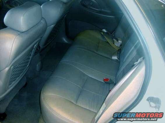 Back seat and door panel of a car. Gray leather seats with seatbelts visible