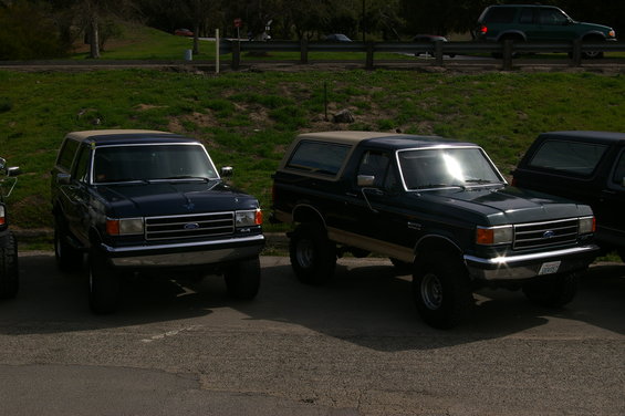 Two Ford Broncos parked side-by-side. The one on the left is dark blue, the one on the right is dark green with a tan stripe