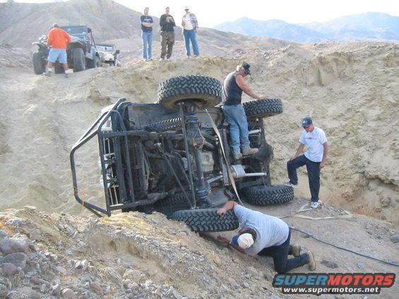 Rolled-over off-road vehicle with people around it in a desert landscape