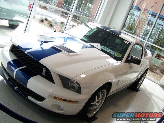 White Ford Mustang Shelby GT500 with blue stripes, parked indoors