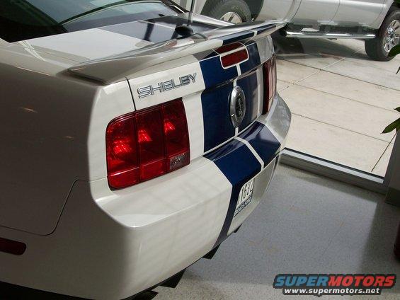 Rear of a white Ford Mustang Shelby with blue stripes. Another vehicle is parked behind it