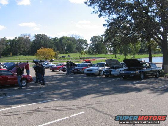 Cars parked in a lot, some with hoods up, near trees and a lake