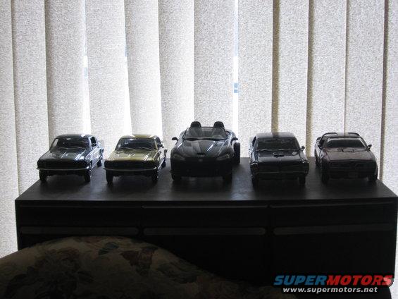 (left to right)
Bullitt Mustang, 67 Mustang, Dodge Viper, XXXGTO, 77 Trans Am.