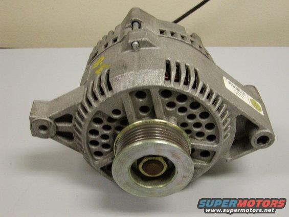 Automotive alternator with a pulley, showing vents and mounting points