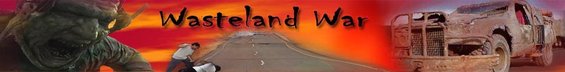 Post-apocalyptic scene with a monster figure and a heavily modified truck on a dirt road under a fiery sky with 'Wasteland War' text