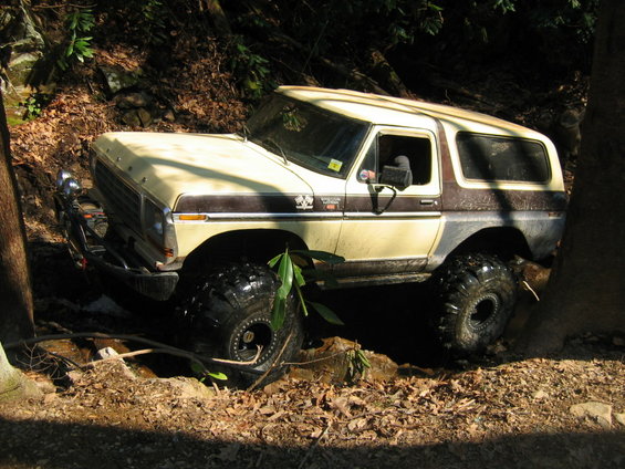 Tan and brown Ford Bronco with large off-road tires stuck on a dirt path