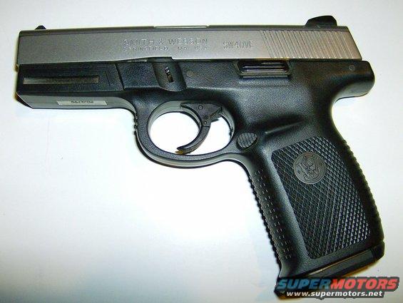 Smith & Wesson SW40VE pistol with black grip and silver slide