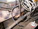 1978 Ford Bronco - This image shows a close-up view of various engine components, including exhaust manifolds and wiring, with some visible text on a label.