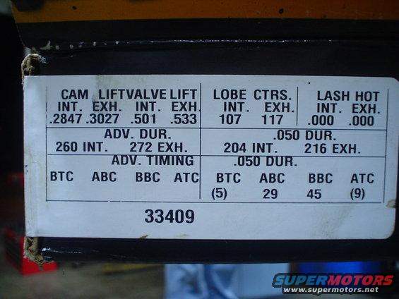 Camshaft specifications label with lift, duration, and timing data
