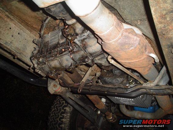 Underside view of 1984 Ford Bronco transmission and exhaust system