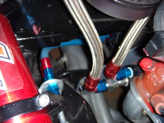 Engine bay detail with braided hoses and red fluid reservoir