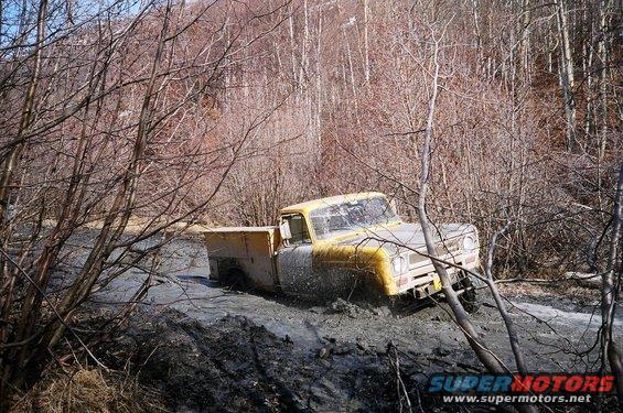 Yellow pickup truck stuck deep in mud, surrounded by bare trees