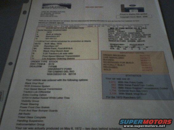 Marti AutoWorks Deluxe Report for a 1972 Ford Ranchero GT, detailing options and build information