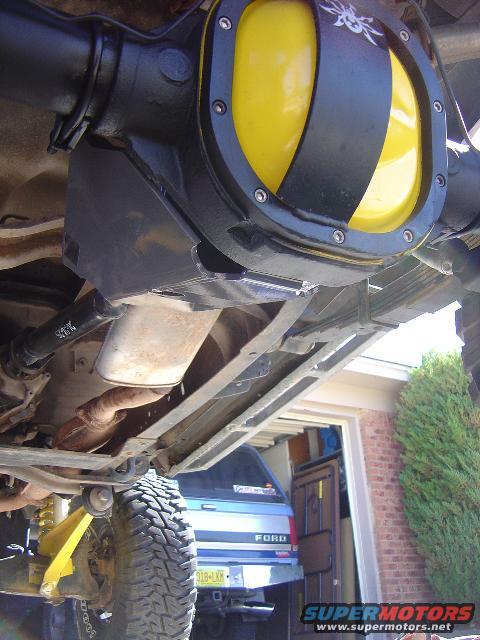 Undercarriage view of a yellow differential cover with a spider logo