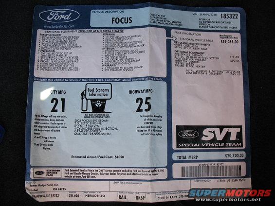 2003 Ford Focus SVT window sticker with pricing and MPG information