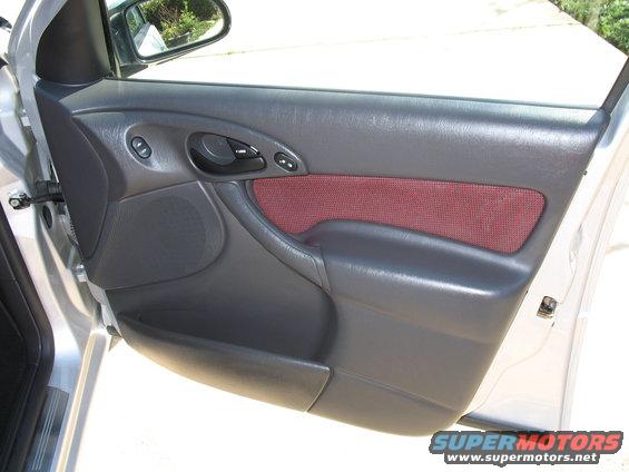 Silver car interior door panel with dark gray plastic, a maroon fabric insert, and a black door handle