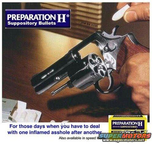 Revolver with a suppository being loaded, next to Preparation H packaging