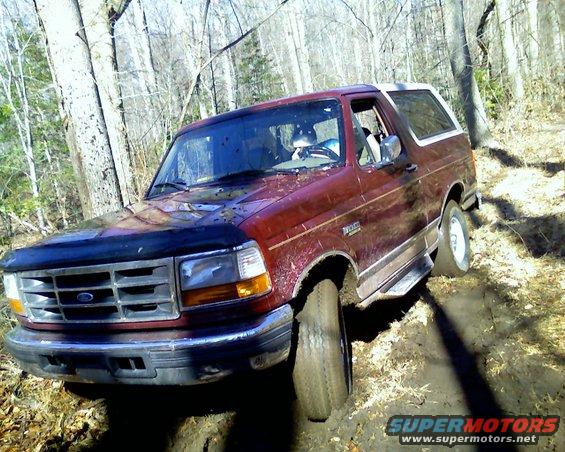 Red Ford Bronco stuck in mud on a wooded trail