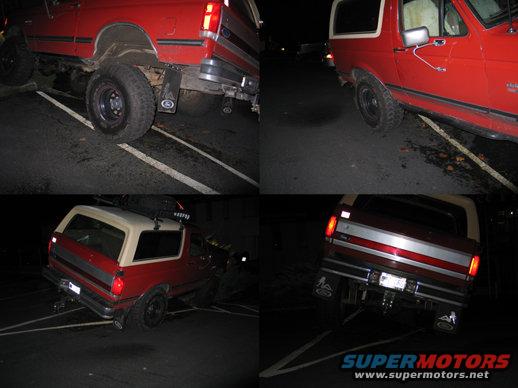 red 1987 Ford Bronco parked at night, showing side and rear views