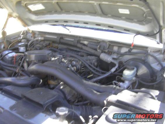 Engine bay with large black intake tube and brake fluid reservoir