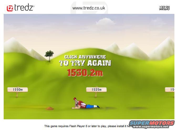 Screenshot of a web game showing a cartoon character lying on a green hill with distance markers