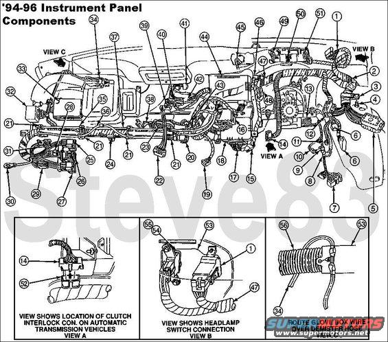 dash9496components.jpg Dash Components '94-96 ('96 DLC not shown, near 24)
IF THE IMAGE IS TOO SMALL, click it.

[url=http://www.supermotors.net/registry/media/901507][img]http://www.supermotors.net/getfile/901507/thumbnail/25dashrr.jpg[/img][/url]

To find something on this list, press CTRL F (Find) and type the name while watching the number of hits, and what becomes highlighted.  Try other names if necessary.

1 - Takeout to Headlamp Switch (Part of 14401) 
2 - Takeout to Fuse Box (Part of 14401) 
3 - CB Retainer 14A282 
4 - Screw N606678-S36 
5 - Engine Control Sensor Wiring 12A581 
6 - Connector to 14A504 (Part of 14401) 
7 - Multi-Function Switch13K359 
8 - Connector to Stoplamp Switch (Part of 14401) 
9 - Clip 
10 - E4OD Pigtail (Part of 14401) 
11 - Connector to Park Lamp Signal Switch (Part of 14401) 
12 - Rear Lamp Wiring 14405 
13 - Takeout to Ignition Switch and Steering Column (Part of 14401) 
14 - Connector to Clutch Interlock Switch (Part of 14401) 
15 - Takeout to Remote Keyless Entry Module 
16 - Connector to Warning Buzzer Chime (Part of 14401) 
17 - Connector to Remote Keyless Entry Module 
18 - Air Bag Diagnostic Module (ADM)
19 - Connector to Overspeed Warning (Part of 14401) 
20 - Connector to Trailer Brake Connector (Part of 14401) 
21 - Wiring Shield (2 Req'd) 14A099 
22 - Vacuum Hose Clip 
23 - Connector to Ash Receptacle Wiring (Part of 14401) 
24 - Connector to PSOM Test Circuit (Part of 14401) 
25 - Connector to 14A265 Wiring Assembly14A265 
26 - Connector to 14B095 Wiring Assembly14B095 
27 - Connector to 18A586 Wiring Assembly18A586 
28 - Connector to Right Courtesy Lamp Switch (Part of 14401) 
29 - Connector to Inertia Switch (Part of 14401) 
30 - Takeout to Ground (Part of 14401) 
31 - Connector to Clearance Lamp (Part of 14401) 
32 - Connector to Wiper Control Module (Part of 14401) 
33 - Rear Brake Anti-Lock Control Module F-SERIES ONLY
34 - Takeout to Glovebox Lamp (Part of 14401) 
35 - Takeout to Brake Anti-Lock Module Test Circuit (Part of 14401) 
36 - Takeout to Radio Antenna (Part of 14401) 
37 - Takeout to Bowden Cable (Part fo 14401) 
38 - Takeout to Cigar Lighter (Part of 14401) 
39 - Takeout to Heater Mode Switch (Part of 14401) 
40 - Takeout to A/C Illumination (Part of 14401) 
41 - Connector to Radio (Part of 14401) 
42 - Takeout to A/C Blower Switch (Part of 14401) 
43 - Takeout to Power Point (Part of 14401) 
44 - Connector to Premium Sound Amplifier (Part of 14401) 
45 - Takeout to Shift on the Fly Switch (SOF) (Part of 14401) 
46 - Takeout to Electric Defroster (Bronco) 14A262 
47 - Main Wiring14401 
48 - Take-Out to ESOF Switch, and Electric Defrost Switch (Part of 14401) 
49 - Takeout to Cluster (Plug A) (Part of 14401) 
50 - Takeout to PSOM (Part of 14401) 
51 - Takeout to Cluster (Plug B) (Part of 14401) 
52 - Cap 14B155-BA (Engr.No. E8TB-14A624-AB)
53 - Instrument Panel 04320 
54 - Connector to Dual Fuel Tank Switch (Part of 14401) 
55 - Connector to Rear Window Control Switch (Bronco) (Part of 14401) 
56 - Demister Hose (Part of 04320)

See also:
[url=http://www.supermotors.net/registry/2742/76849-4][img]http://www.supermotors.net/getfile/868913/thumbnail/11done.jpg[/img][/url] . [url=http://www.supermotors.net/registry/media/551114][img]http://www.supermotors.net/getfile/551114/thumbnail/harness96dash..jpg[/img][/url]