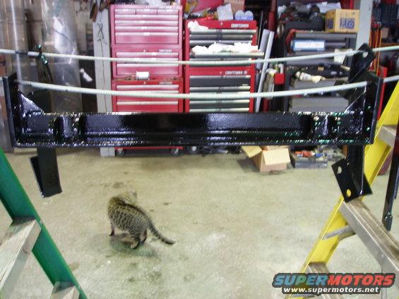 Black painted vehicle frame part hanging in a garage with a cat nearby