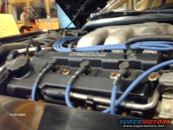 Engine bay with blue spark plug wires and a silver intake manifold. Date stamp 01/23/2005