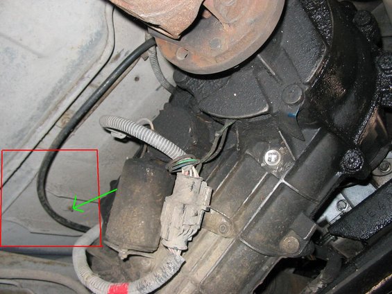 Underbody view of vehicle transmission and drivetrain components