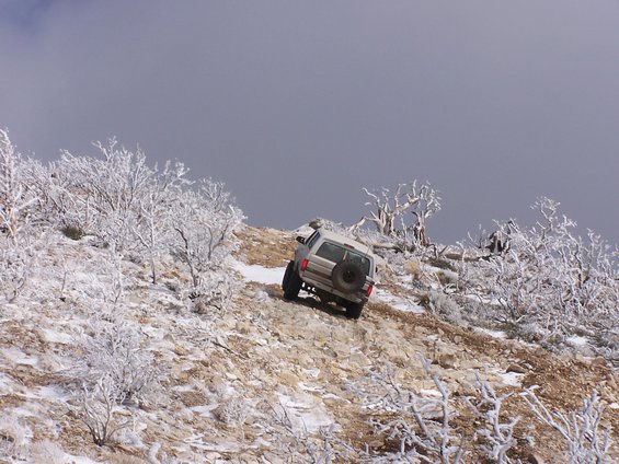 White SUV with spare tire on back driving up a steep, rocky, snow-covered hill with frosted trees