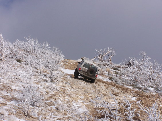 White SUV driving up a rocky, snow-dusted hill with frosted trees