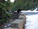 2006 Ford E350 - A black bear stands on a stone wall overlooking a road with patches of snow.