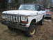 1979 Ford Bronco - A white Ford Bronco sits in a wooded area next to a red Ford truck, with text on its windshield.