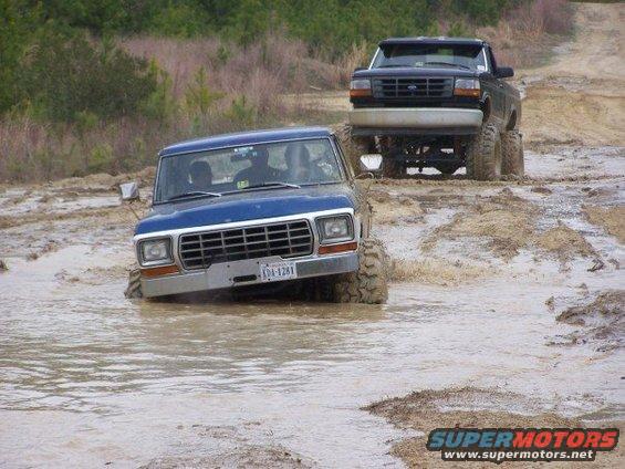 Blue 1979 Ford F-150 driving through mud, front view. License plate KDA-1281