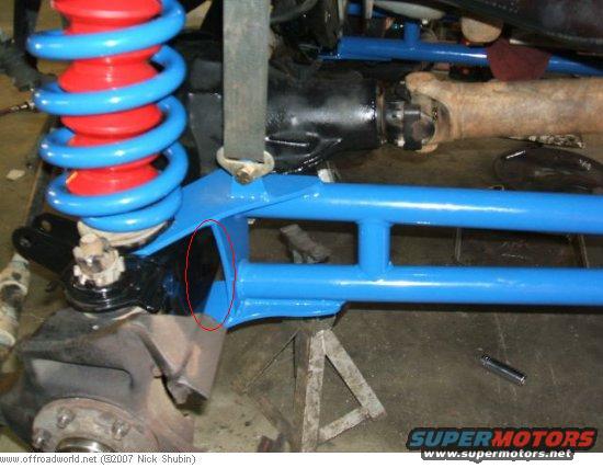 Blue suspension components with red and blue coilover