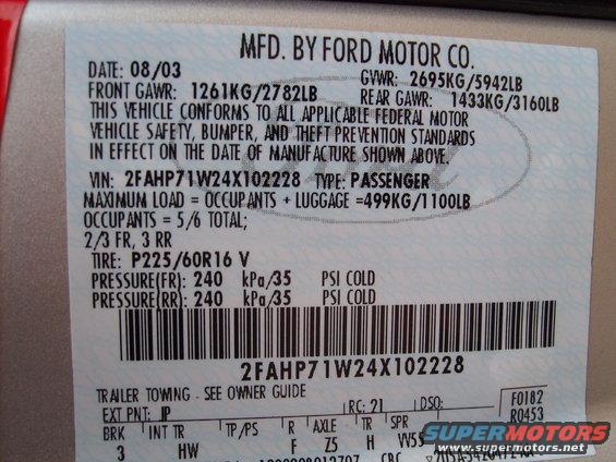 Vehicle identification sticker with manufacturing date 08/03 and VIN 2FAHP71W24X102228
