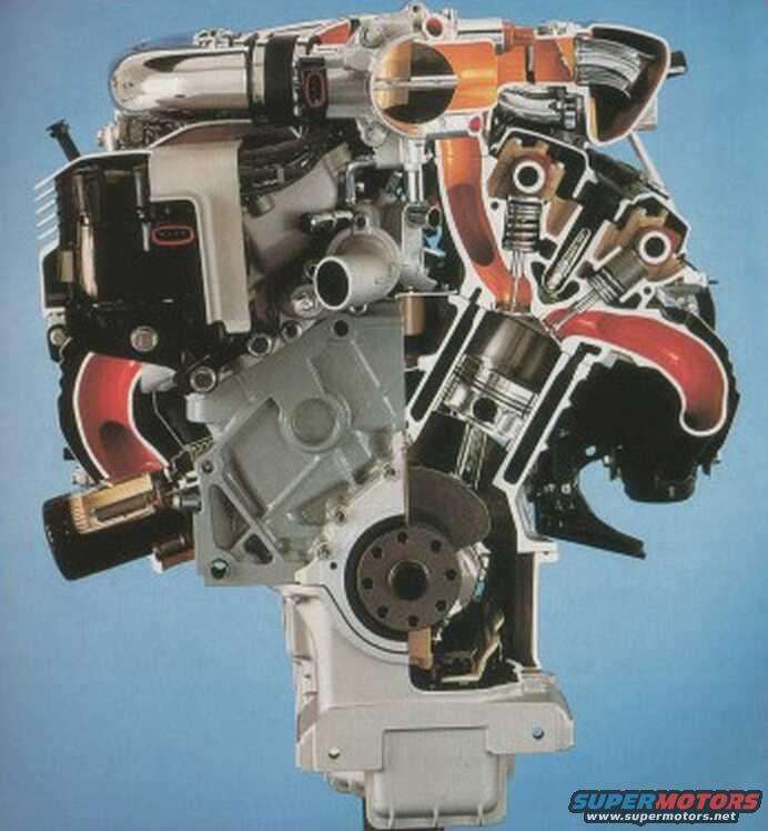 Cutaway view of an engine, showing internal components like pistons and valves