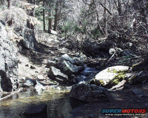 Forest stream with rocks and trees, water flowing over stones. Text 'SUPERMOTORS' visible