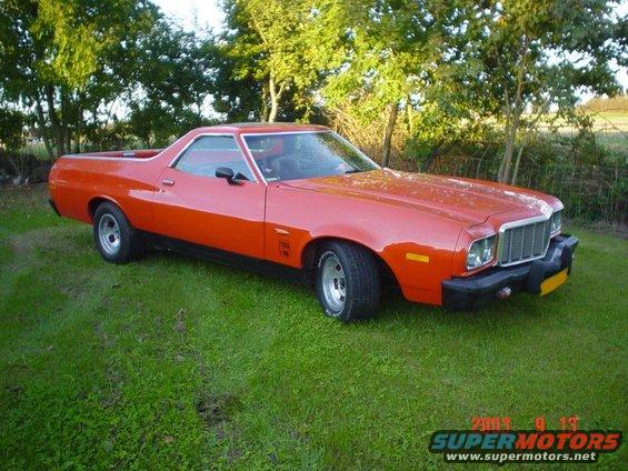 Orange 1974 Ford Ranchero 3q-front view with prominent grille