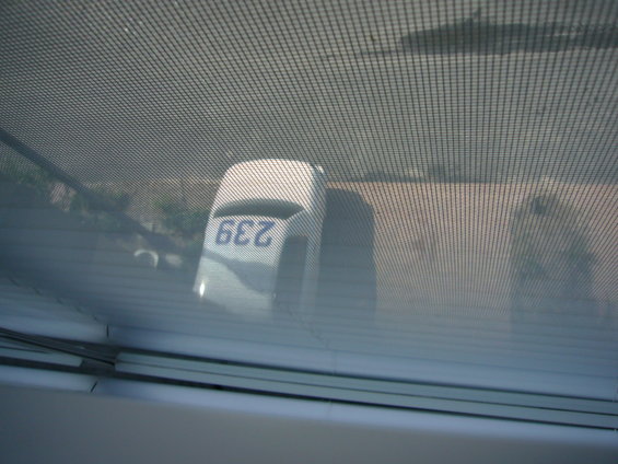 White vehicle with blue number 239 on its rear, seen through a screen
