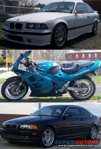 White BMW coupe front 3/4 view, blue Suzuki motorcycle side view, black BMW coupe front 3/4 view
