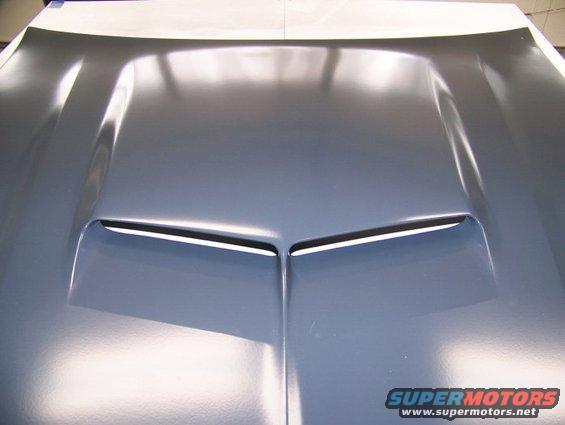 Gray car hood with a central scoop and two vents
