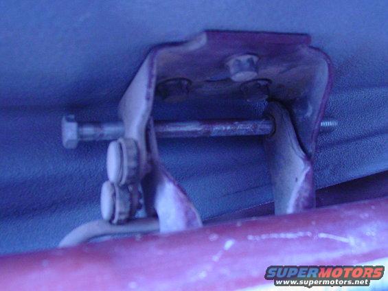 Close-up of a metal door hinge assembly with bolts and a pivot rod